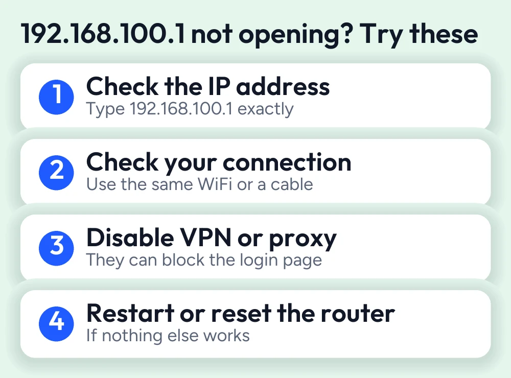 Access Your Router Admin Panel with 192.168.100.1 3 Four fixes when 192.168.100.1 does not open: check the address, check your connection, disable VPN or proxy, restart or reset the router