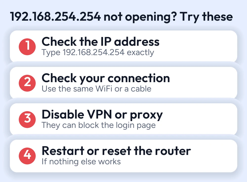 192.168.254.254 – Login Admin Guide 3 Four fixes when 192.168.254.254 does not open: check the address, check your connection, disable VPN or proxy, restart or reset the router