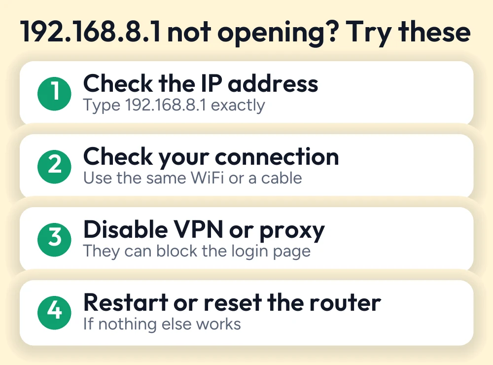 192.168.8.1 Admin Login – Access Your Router Settings 3 Four fixes when 192.168.8.1 does not open: check the address, check your connection, disable VPN or proxy, restart or reset the router